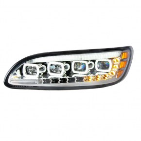 Chrome Quad-LED Headlight with LED Position & Sequel Turn Signal for Peterbilt 386, 387, 382, 384 - Driver Side
